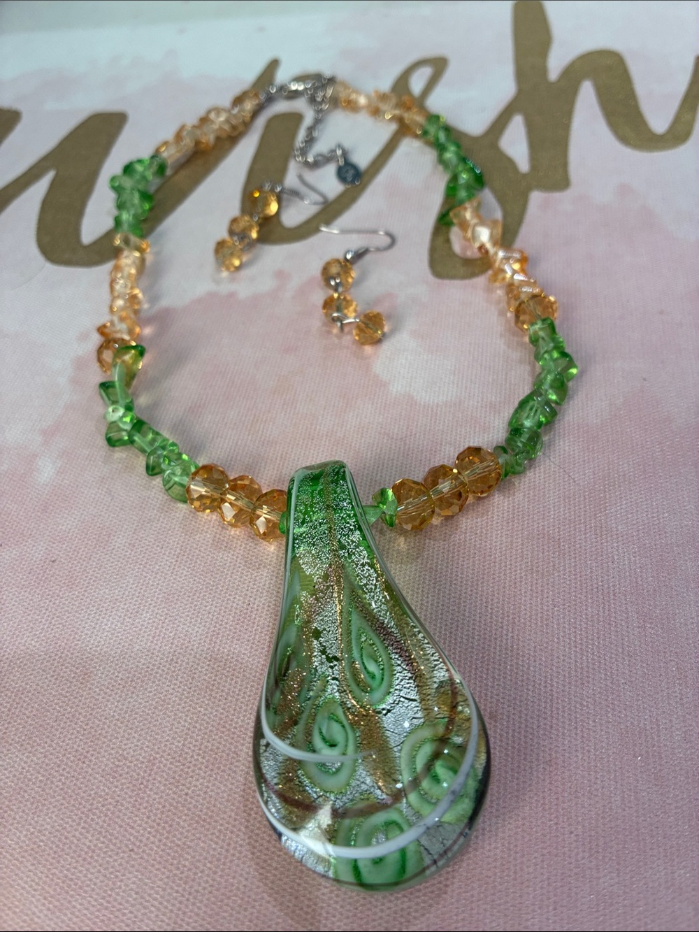 Green and Gold Italian AB Lead Glass Teardrop Pendant Necklace Chip AB Necklace